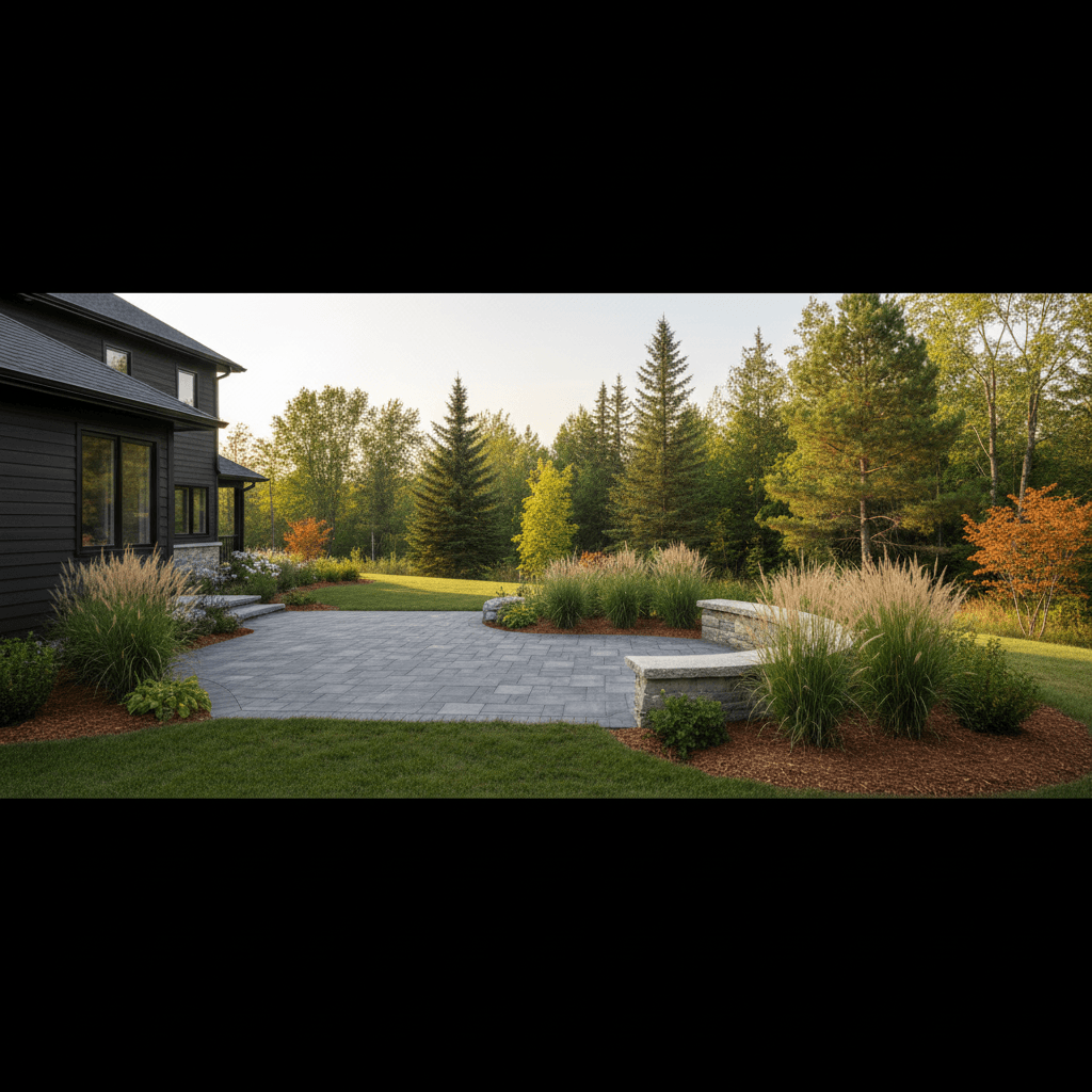 Cour arrière résidentielle québécoise en plein été, terrasse pavé uni, plates-bandes de vivaces, conifères en arrière-plan.