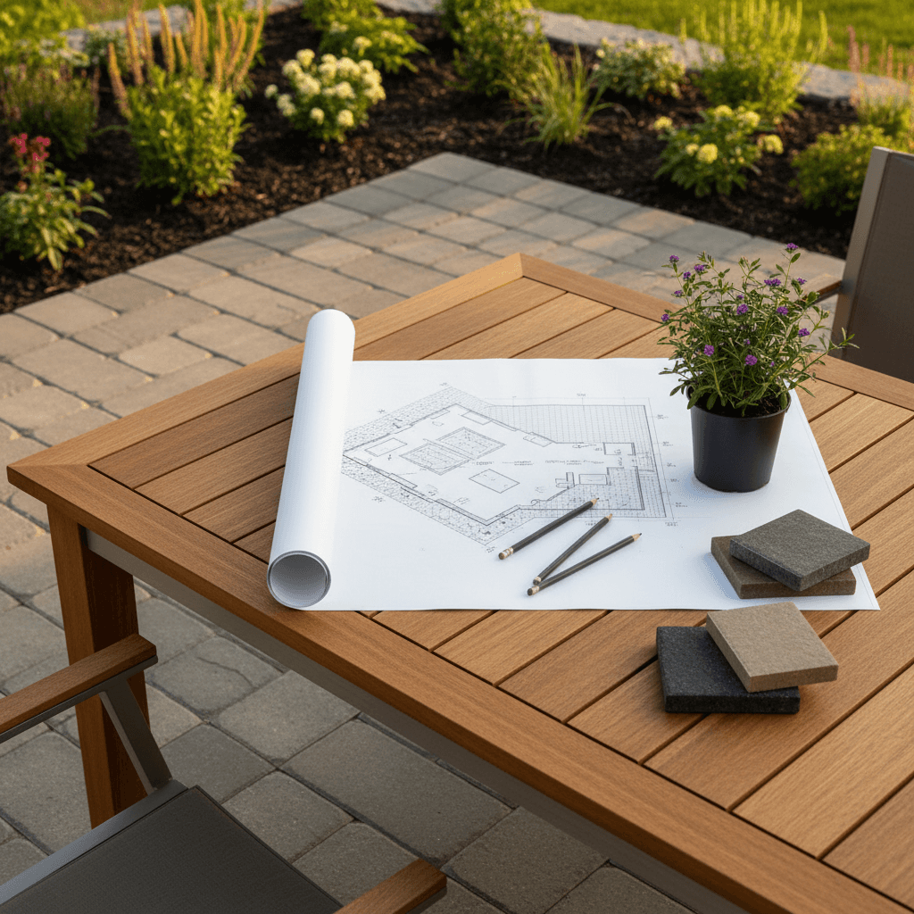 Table de design paysager avec plan 2D, échantillons de pierre et crayons graphite.